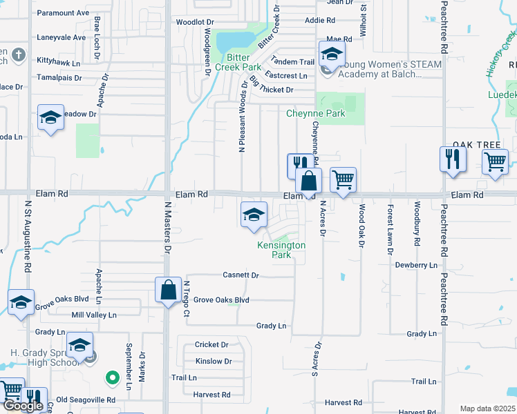 map of restaurants, bars, coffee shops, grocery stores, and more near 10515 Elam Road in Dallas