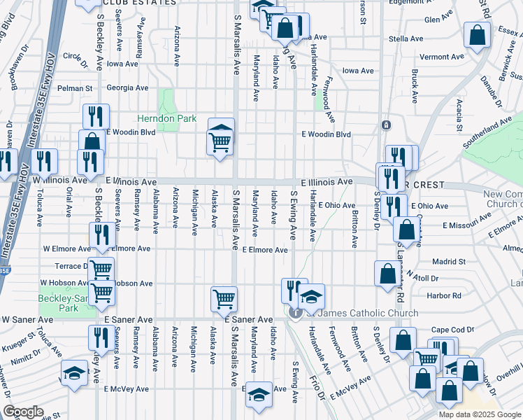 map of restaurants, bars, coffee shops, grocery stores, and more near 2322 Maryland Avenue in Dallas