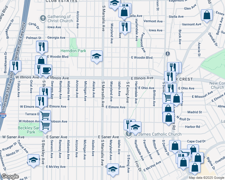 map of restaurants, bars, coffee shops, grocery stores, and more near 2322 Maryland Avenue in Dallas