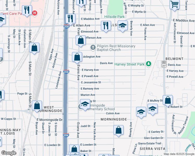 map of restaurants, bars, coffee shops, grocery stores, and more near 1001 East Powell Avenue in Fort Worth