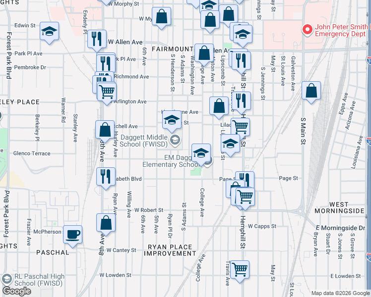 map of restaurants, bars, coffee shops, grocery stores, and more near 2232 Washington Avenue in Fort Worth