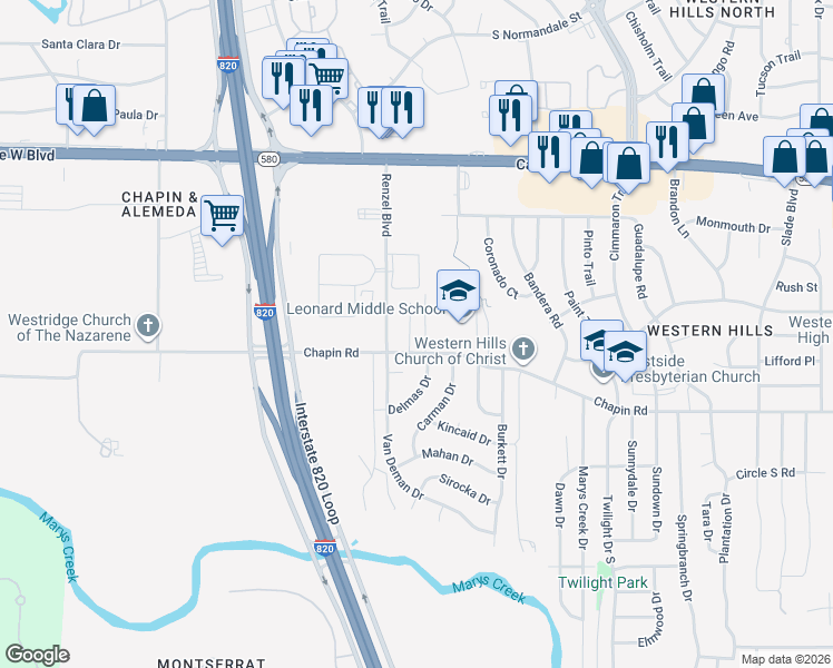 map of restaurants, bars, coffee shops, grocery stores, and more near 3617 Renzel Boulevard in Fort Worth