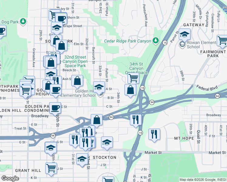 map of restaurants, bars, coffee shops, grocery stores, and more near 1317 Gregory Street in San Diego