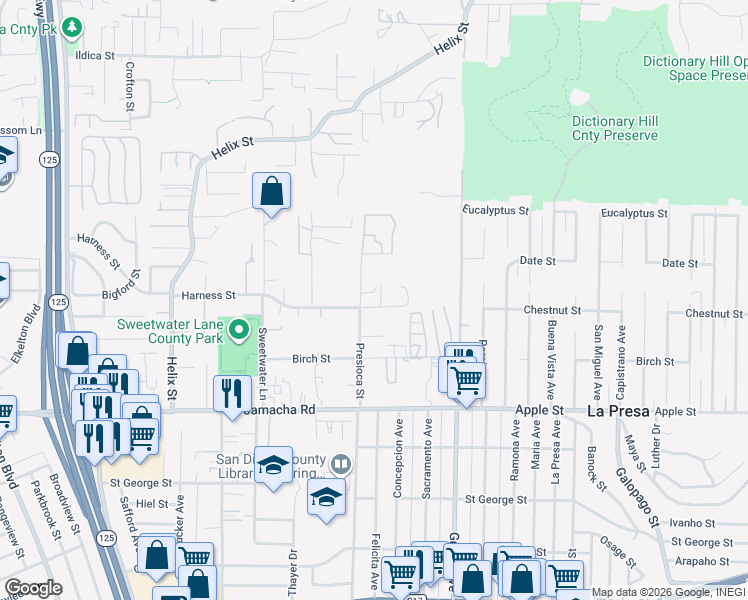 map of restaurants, bars, coffee shops, grocery stores, and more near 1550 Presioca Street in Spring Valley