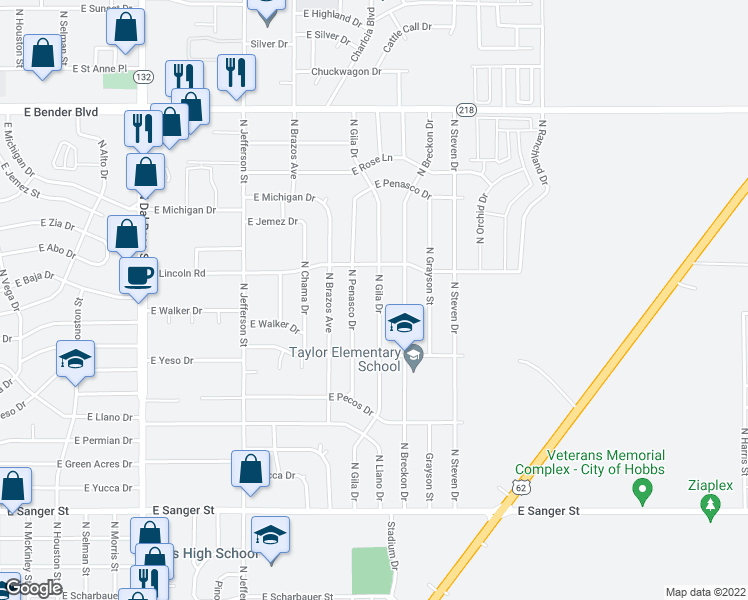 map of restaurants, bars, coffee shops, grocery stores, and more near 1713 North Gila Drive in Hobbs