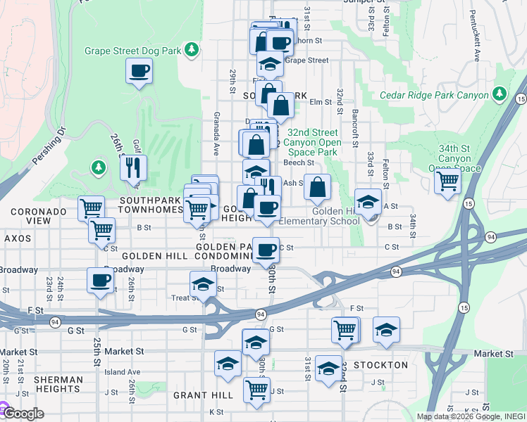 map of restaurants, bars, coffee shops, grocery stores, and more near 3035 Ash Street in San Diego
