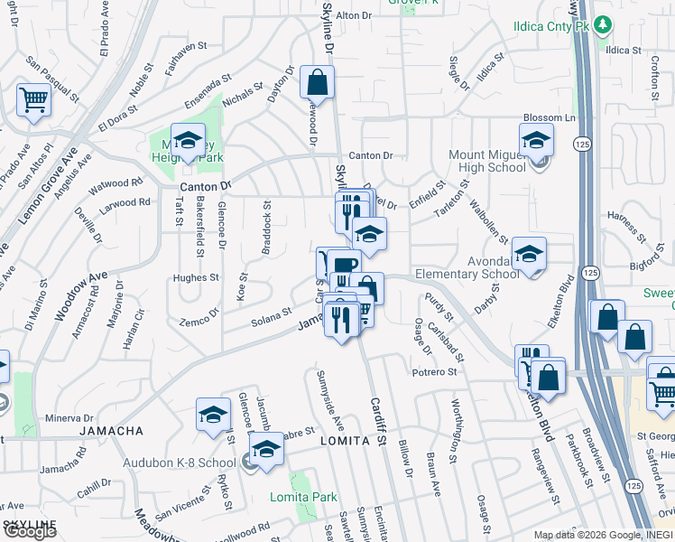 map of restaurants, bars, coffee shops, grocery stores, and more near 7874 Carlisle Drive in Lemon Grove