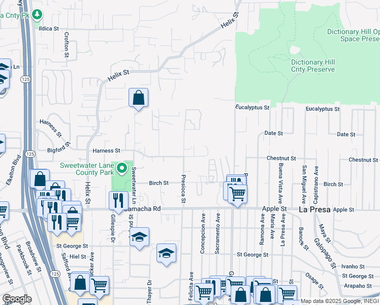 map of restaurants, bars, coffee shops, grocery stores, and more near 9208 Harness Street in Spring Valley