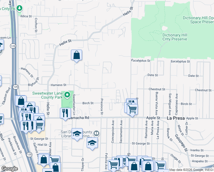 map of restaurants, bars, coffee shops, grocery stores, and more near 9210 Harness Street in Spring Valley