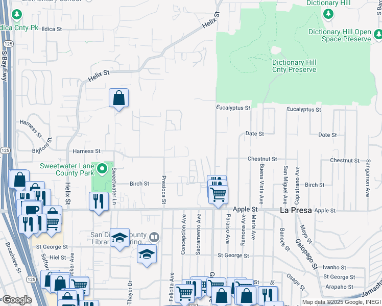 map of restaurants, bars, coffee shops, grocery stores, and more near 9240 Harness Street in Spring Valley