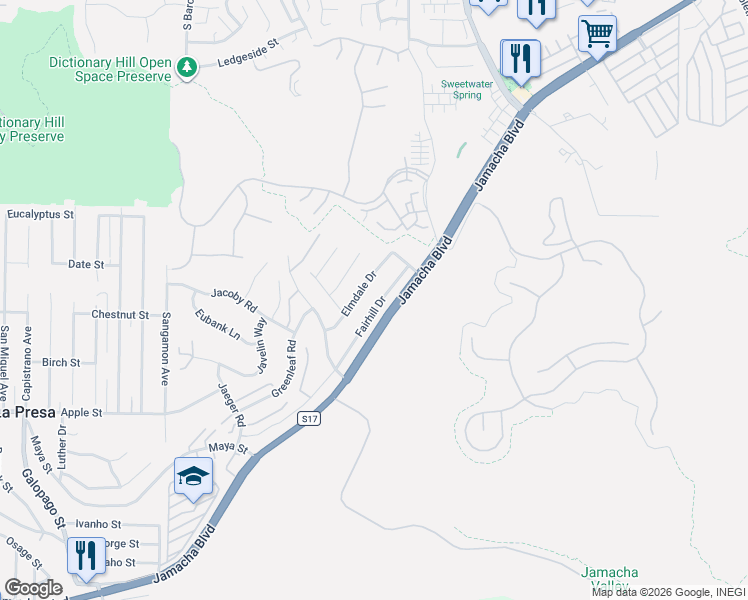 map of restaurants, bars, coffee shops, grocery stores, and more near 10410 Fairhill Drive in Spring Valley