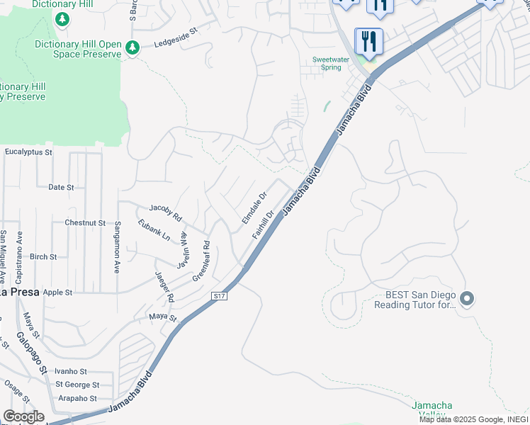map of restaurants, bars, coffee shops, grocery stores, and more near 10410 Fairhill Drive in Spring Valley