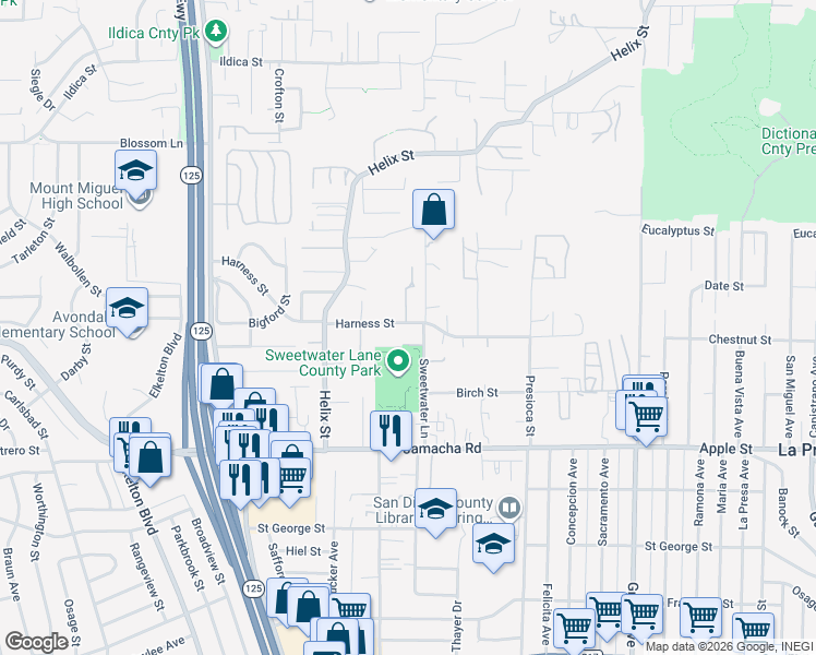 map of restaurants, bars, coffee shops, grocery stores, and more near 8957 Harness Street in Spring Valley