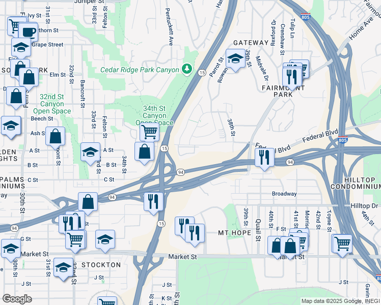 map of restaurants, bars, coffee shops, grocery stores, and more near in San Diego