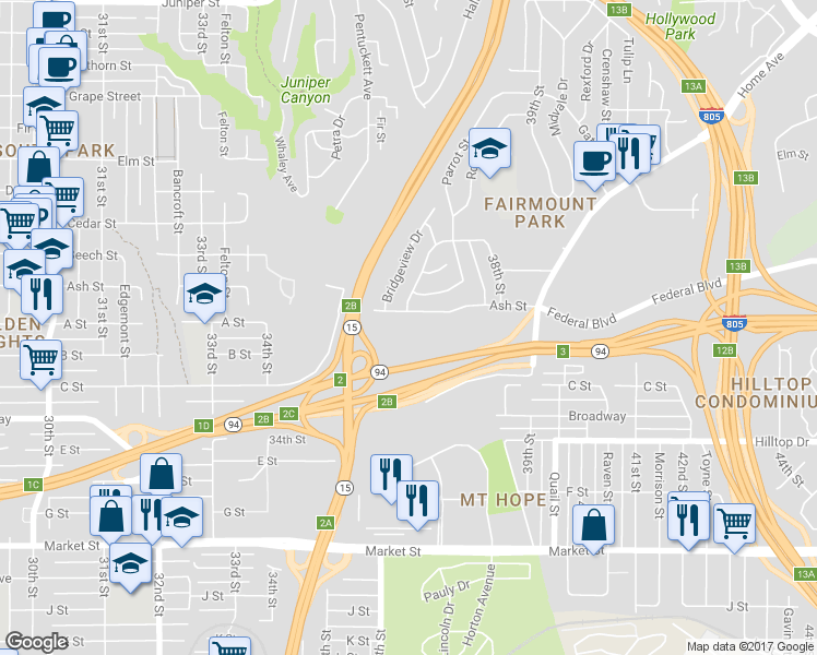 map of restaurants, bars, coffee shops, grocery stores, and more near 3625 Ash Street in San Diego