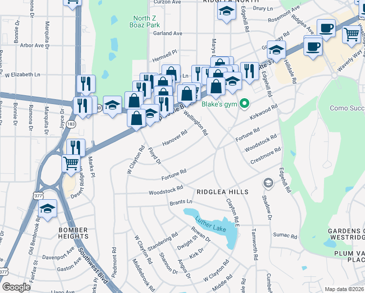 map of restaurants, bars, coffee shops, grocery stores, and more near 6712 Kirkwood Road in Fort Worth