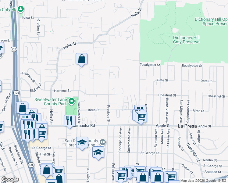 map of restaurants, bars, coffee shops, grocery stores, and more near 9210 Harness Street in Spring Valley