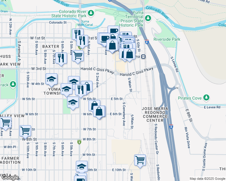 map of restaurants, bars, coffee shops, grocery stores, and more near 420-454 South Madison Avenue in Yuma