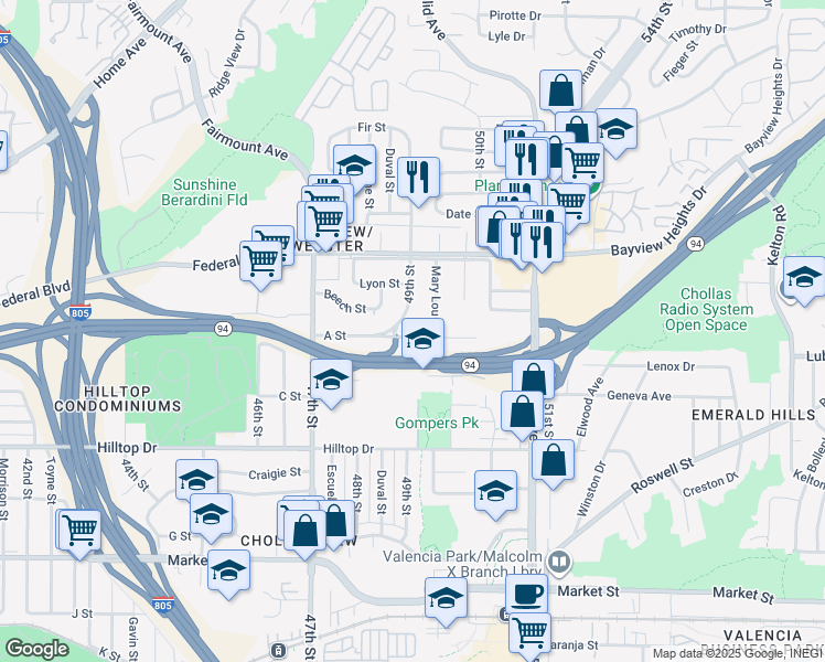 map of restaurants, bars, coffee shops, grocery stores, and more near 1422 49th Street in San Diego