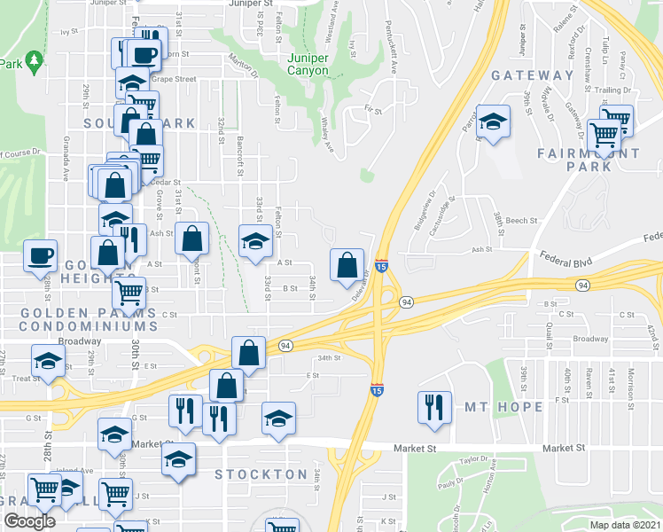 map of restaurants, bars, coffee shops, grocery stores, and more near 3455 Beech Street in San Diego