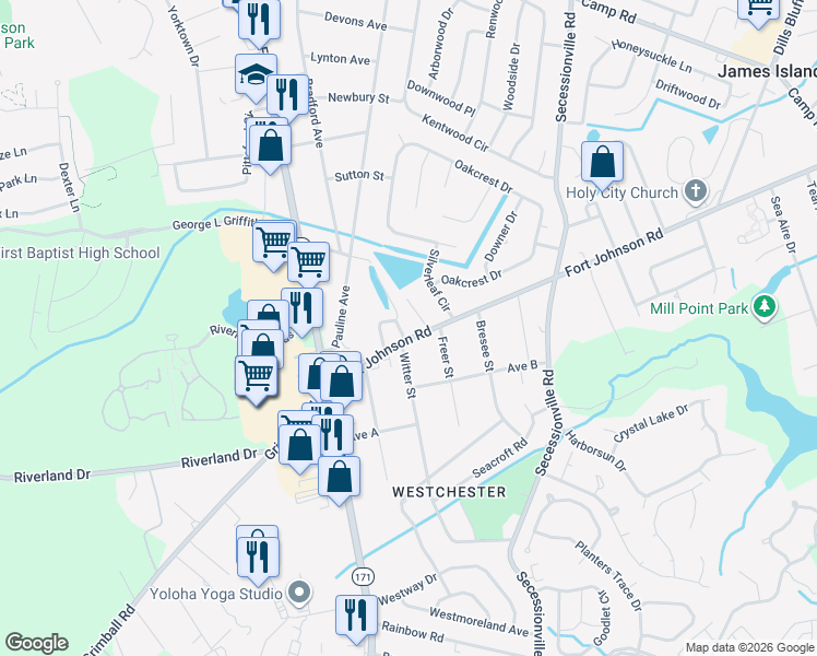 map of restaurants, bars, coffee shops, grocery stores, and more near 1530 Fort Johnson Road in Charleston