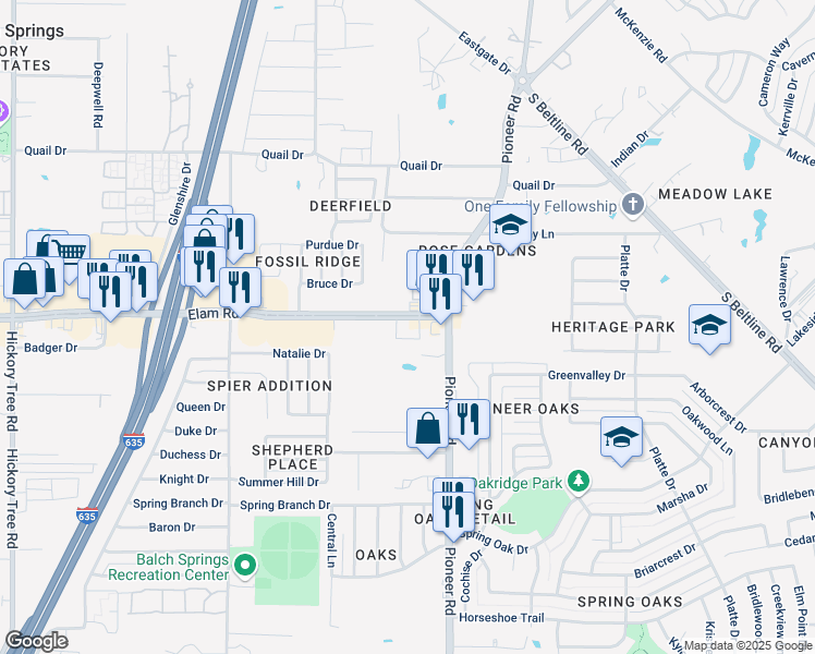 map of restaurants, bars, coffee shops, grocery stores, and more near 12921 Elam Road in Balch Springs