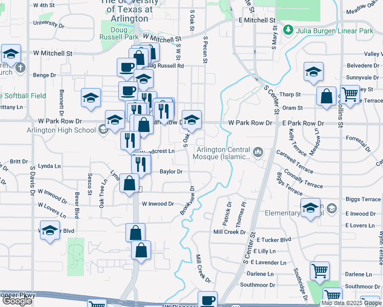 map of restaurants, bars, coffee shops, grocery stores, and more near 1601 South Oak Street in Arlington