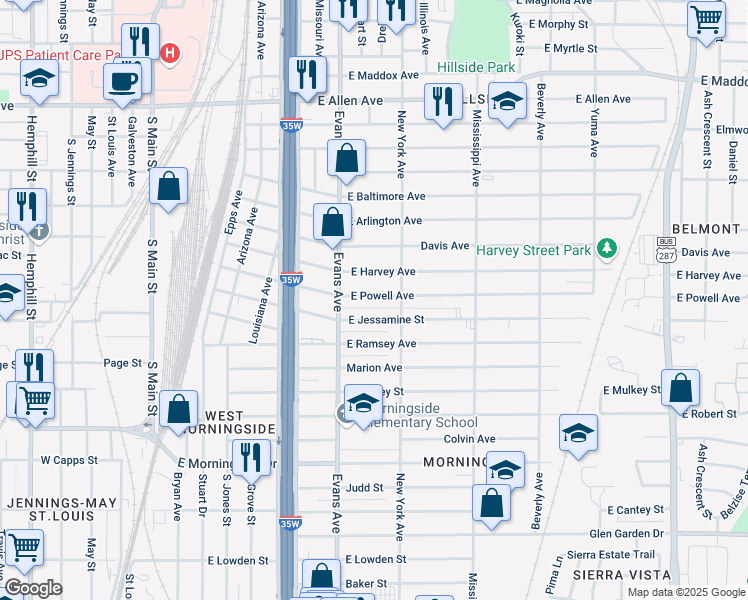 map of restaurants, bars, coffee shops, grocery stores, and more near 933 East Powell Avenue in Fort Worth
