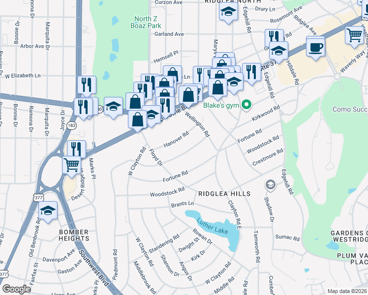 map of restaurants, bars, coffee shops, grocery stores, and more near 6712 Kirkwood Road in Fort Worth