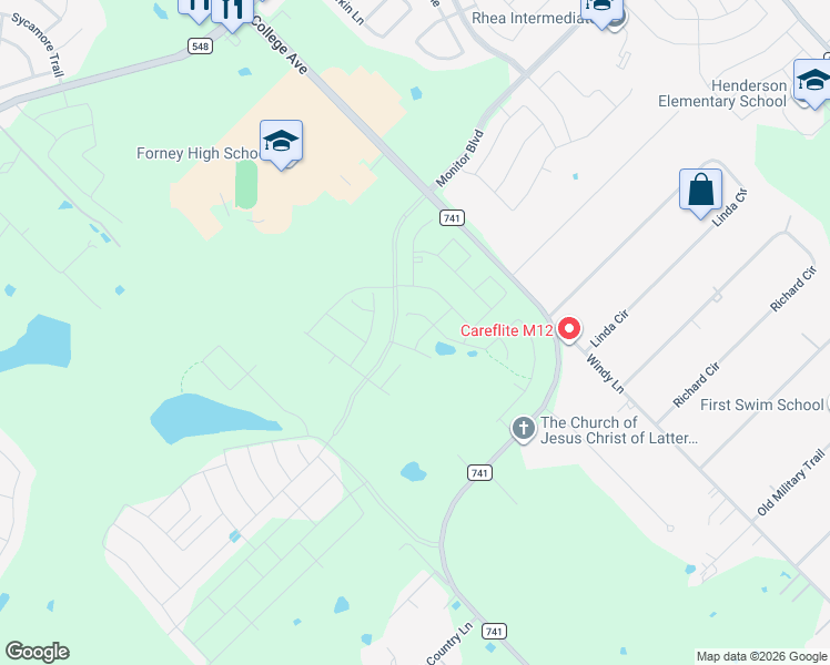 map of restaurants, bars, coffee shops, grocery stores, and more near 8499-8523 Farm to Market 741 in Forney