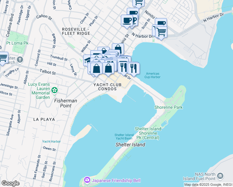 map of restaurants, bars, coffee shops, grocery stores, and more near 1150 Anchorage Lane in San Diego