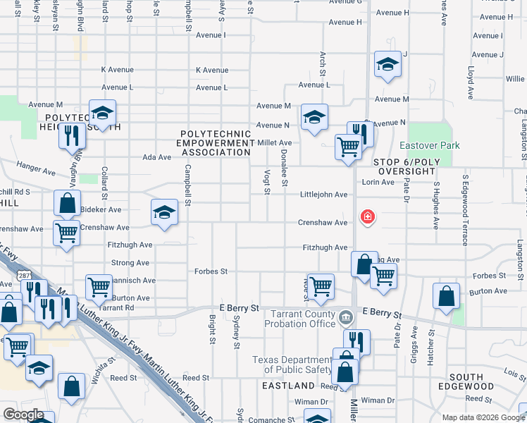 map of restaurants, bars, coffee shops, grocery stores, and more near 2720 Vogt Street in Fort Worth