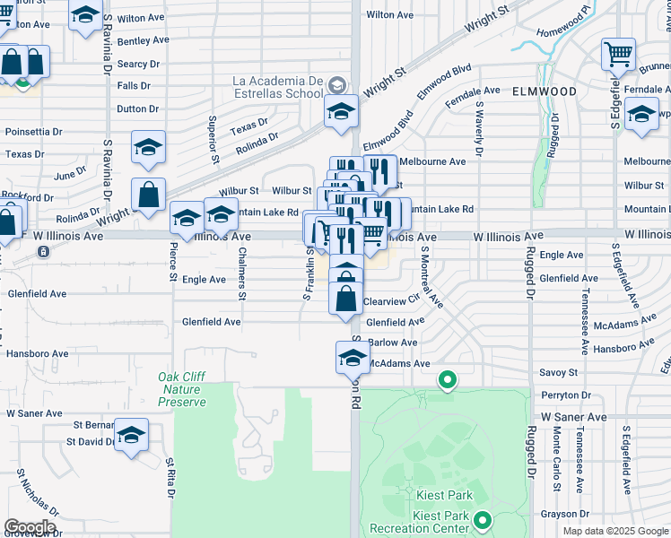 map of restaurants, bars, coffee shops, grocery stores, and more near 2631 South Hampton Road in Dallas