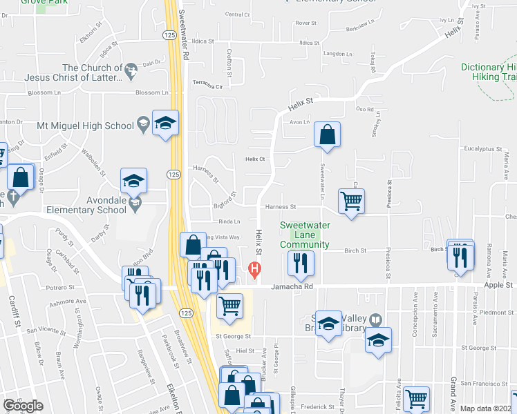 map of restaurants, bars, coffee shops, grocery stores, and more near Helix St & Harness St in La Presa