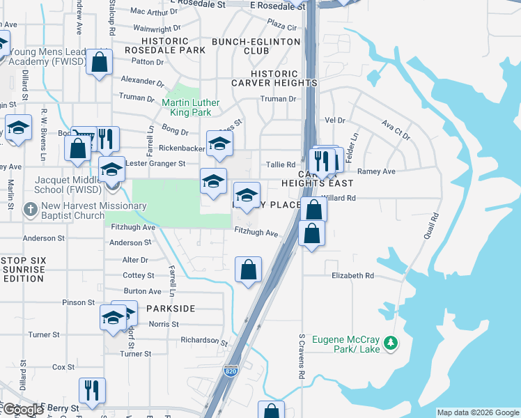 map of restaurants, bars, coffee shops, grocery stores, and more near 2621 Diver Court in Fort Worth