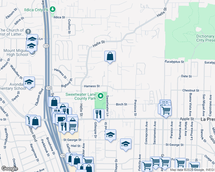 map of restaurants, bars, coffee shops, grocery stores, and more near Harness St & Sweetwater Ln in Spring Valley
