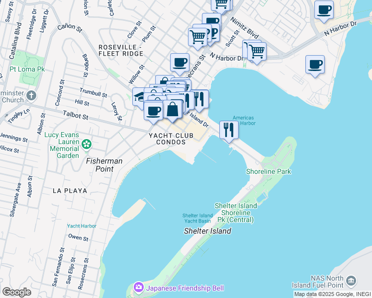 map of restaurants, bars, coffee shops, grocery stores, and more near 1011 Anchorage Lane in San Diego