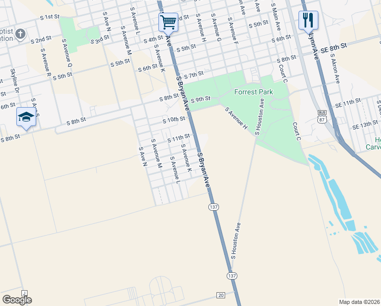 map of restaurants, bars, coffee shops, grocery stores, and more near 1201-1299 South Avenue K in Lamesa