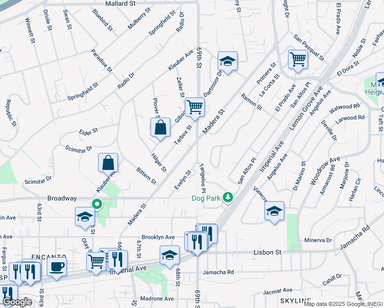 map of restaurants, bars, coffee shops, grocery stores, and more near 1347 Madera Street in San Diego