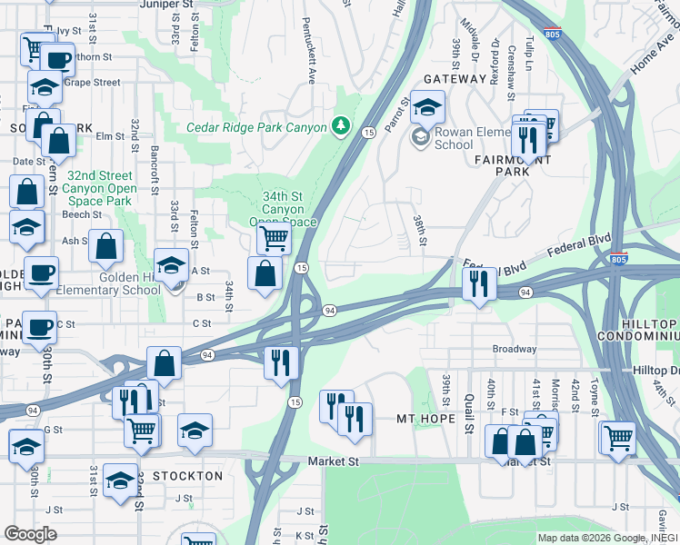 map of restaurants, bars, coffee shops, grocery stores, and more near 3625 Ash Street in San Diego