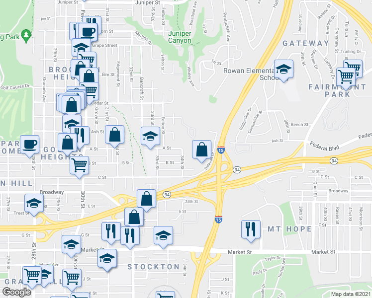 map of restaurants, bars, coffee shops, grocery stores, and more near 3455 Beech Street in San Diego