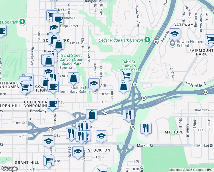 map of restaurants, bars, coffee shops, grocery stores, and more near 1317 Gregory Street in San Diego