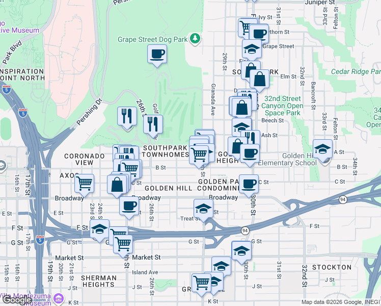 map of restaurants, bars, coffee shops, grocery stores, and more near 2742 A Street in San Diego