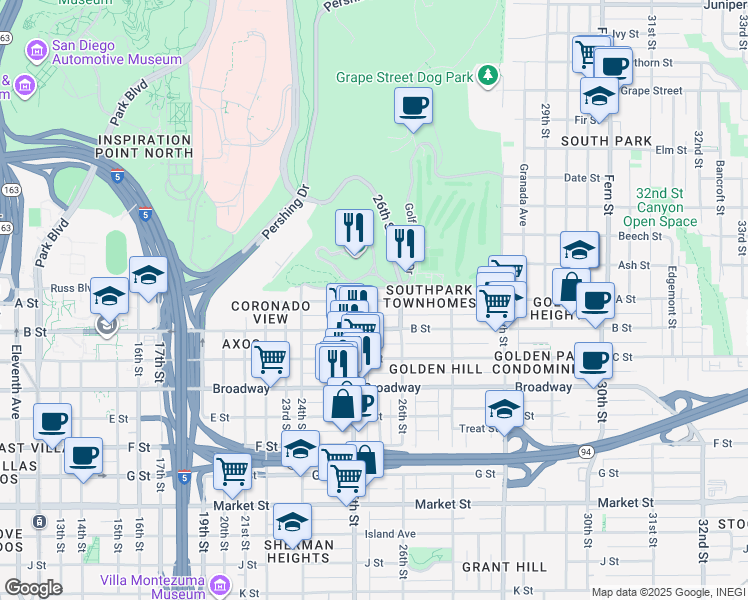 map of restaurants, bars, coffee shops, grocery stores, and more near 2552 A Street in San Diego