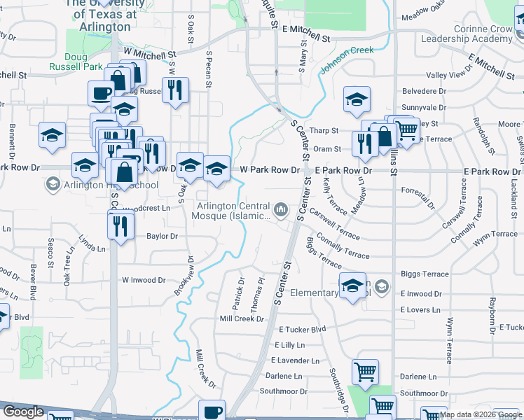 map of restaurants, bars, coffee shops, grocery stores, and more near 129 Kings Row Street in Arlington