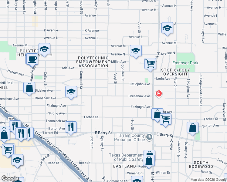 map of restaurants, bars, coffee shops, grocery stores, and more near 2709 Wallace Street in Fort Worth