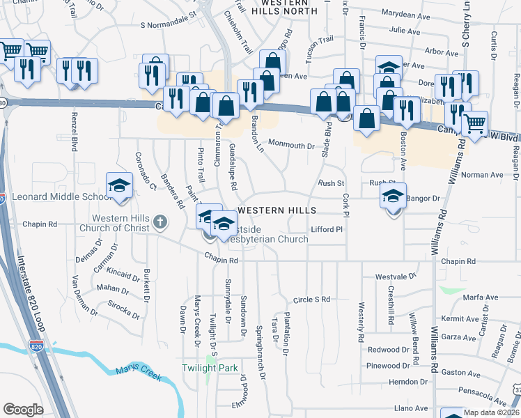 map of restaurants, bars, coffee shops, grocery stores, and more near 8425 Bangor Drive in Fort Worth
