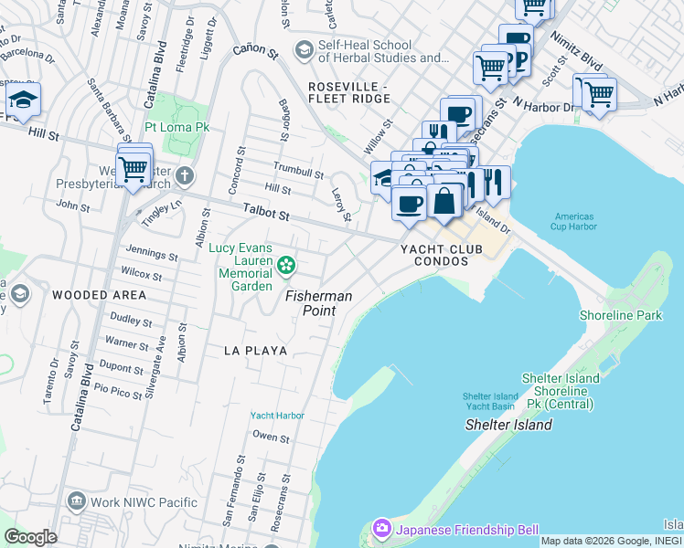 map of restaurants, bars, coffee shops, grocery stores, and more near 871 Armada Terrace in San Diego