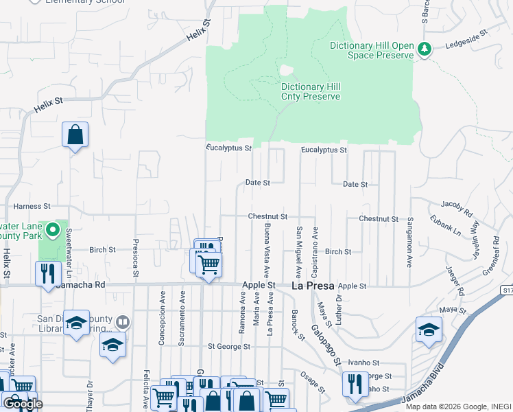 map of restaurants, bars, coffee shops, grocery stores, and more near 1421 Maria Avenue in Spring Valley