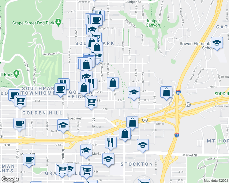 map of restaurants, bars, coffee shops, grocery stores, and more near A St & Edgemont St in San Diego